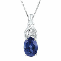 10k White Gold Oval Lab-Created Blue Sapphire Solitaire Diamond Pendant 7/8 Ctw - £73.37 GBP