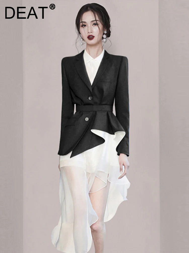 DEAT Woman Blazer Dress Asymmetrical Gauze Long Sleeve  Waist Elegant Of... - £196.61 GBP
