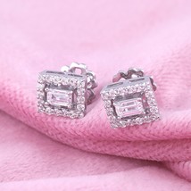 Silver 1.25Ct Emerald Cut Zircon Diamond Halo Stud Earrings 14K White Gold Over - £26.77 GBP