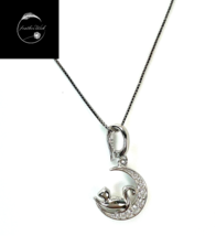 Genuine Sterling Silver 925 Moon And Cat Pet Animal Pendant And 45cm Box Chain - £21.81 GBP
