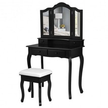 4 Drawers Wood Mirrored Vanity Dressing Table with Stool-Black - Color: Black - £145.27 GBP