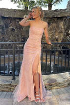 Pink Strapless Lace Long Prom Dress with Slit Formal Gown - £124.24 GBP
