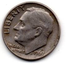 1969 D Roosevelt Silver Dime Moderate Wear - $6.99