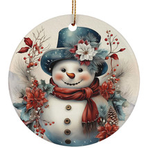 Happy Snowman Snowy Winter Flower Wreath Art Christmas Retro Ornament Gift Decor - $15.79