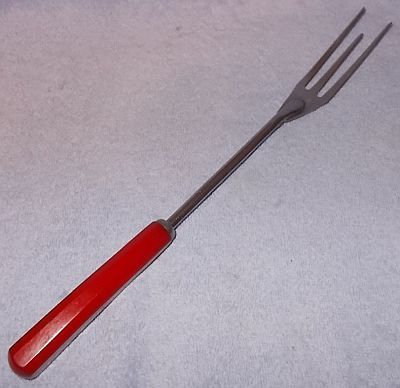 Vintage Englishtown Meat Fork Red Bakelite Handle Stainless Three Prong - $8.00