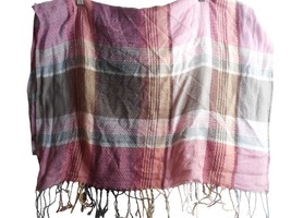 Pink Grey checked fringe woven Scarf Shawl Wrap 26 x 72 inches - $223.43 MXN