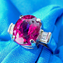 Earth mined Rubellite Tourmaline Diamond Deco Engagement Ring Solitaire 14k Gold - €6.348,45 EUR
