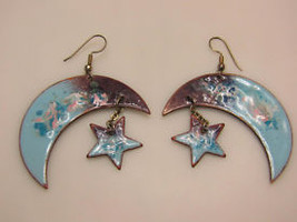 STAR and MOON Vintage Artisan EARRINGS - Blue and Purple Enameled Copper... - $85.00
