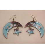 STAR and MOON Vintage Artisan EARRINGS - Blue and Purple Enameled Copper -2 1/2" - $85.00