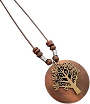 Wooden Pendant Necklace with Owl Leaf Elephant Flower Handmade Vintage Bronze Le - £14.75 GBP