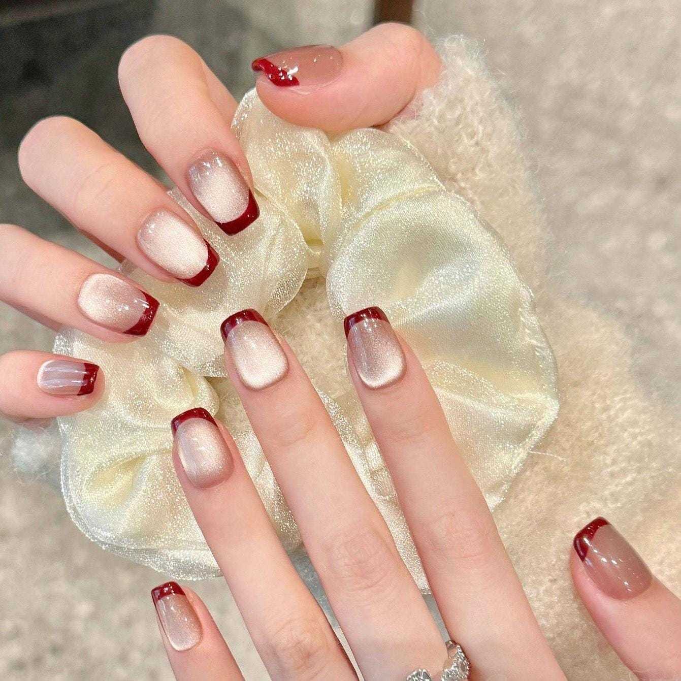 Shimmery Nude Press On Nails with Wine Red French Tips artificial reusab... - $23.99