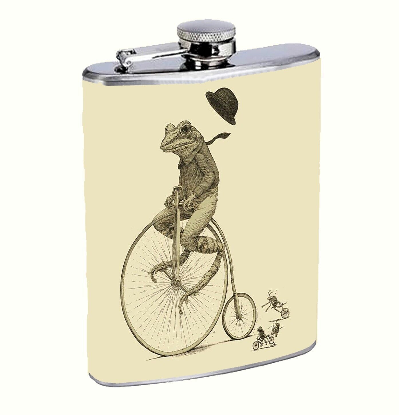 Vintage Illustration Frog Riding Bike Hip Flask 8oz Stainless Steel - $14.80