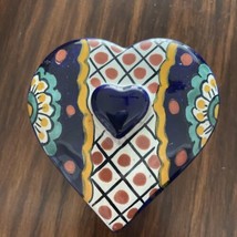 Mexican Talavera HandPainted Art Pottery Trinket Heart Box 4” - £11.59 GBP