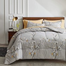 Gray Comforter Sheet Set Bed In A Bag 7 Pieces Queen Size Tree Branch Bloom Flow - £75.93 GBP