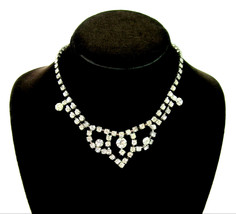 Clear Chaton ROUND Rhinestone Choker NECKLACE Vintage Front Silvertone 15&quot; - £13.40 GBP