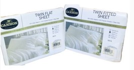 Vintage CANNON Twin Flat &amp; Fitted White Sheet Set Made in USA Cotton/Polyester - £19.85 GBP