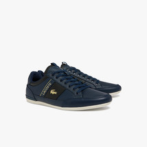 Lacoste Men&#39;s Chaymon Leather and Carbon Fibre Sneakers Navy Blue  9.5 Shoes New - £75.92 GBP