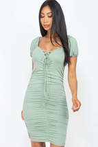 Green Bay Front Lace Up V Neck Short Sleeve Bodycon Ruched Party Clubwea... - $19.00