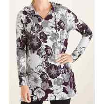 Chicos 1 Zenergy Hooded Tunic Floral Stripe V Neck Long Slv Stud Cuffs Womens M - £16.97 GBP