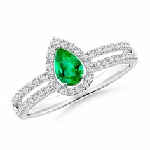 ANGARA Pear Emerald and Diamond Halo Split Shank Ring for Women in 14K Gold - £1,221.74 GBP