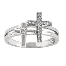 1/10CT Natural Diamond Double Cross Symbol Ring 14K White Gold Plated Silver - £122.97 GBP