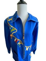 Bob Mackie Large Jacket Blue Embroidered Nautical Flags Anchor Zip Wearable Art - £23.37 GBP