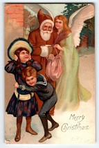 Santa Claus Christmas Postcard Long Coat Angel Victorian Girl Covers Ears 1906 - £26.68 GBP