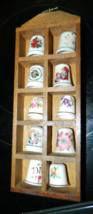 Vintage Collectible 10 Bone China Thimbles with Flowers and Avon / Display Shelf - $26.76