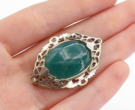 925 Sterling Silver - Vintage Green Carnelian Shiny Border Brooch Pin - BP1777 - $41.56