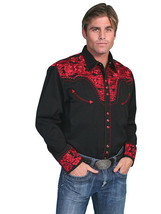 Men&#39;s Western Shirt Long Sleeve Rockabilly Country Cowboy Black Red Floral - $90.97