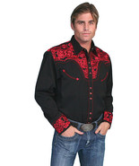 Men&#39;s Western Shirt Long Sleeve Rockabilly Country Cowboy Black Red Floral - £72.71 GBP