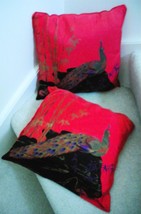 2 Pillow Covers 100% Thai Silk - Pair of 2 Peacock +Bamboo Design Both Sides Vtg - £25.56 GBP
