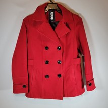Womens Pea Coat Medium Red Hooded Double Breasted Intl Details - $21.76