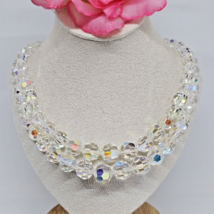 Vintage 2 Strand Aurora Borealis Crystal Beaded Choker Necklace AB Glass Beads - £23.99 GBP