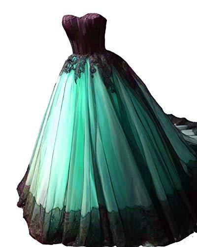 Kivary Plus Size Black Lace Tulle Ball Gown Long Prom Wedding Dress Mint Green U