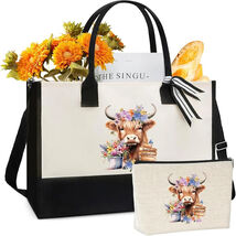 2-Set Highland Cow Tote &amp; Makeup Bag Sunflower Canvas Gift for Women &amp; Moms - $11.96