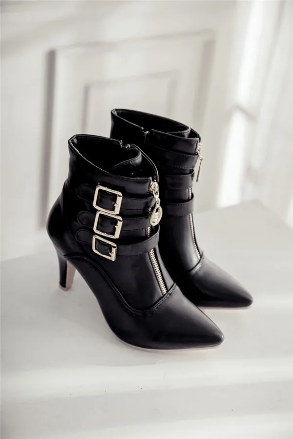 Es women boots autumn high heels ankle boots pointed toe buckle female boots zip ladies thumb200