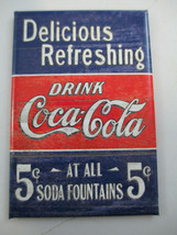 Coca-Cola Tin Refrigerator Magnet Blue and Red Stripes Delicious and Refreshing - £2.77 GBP