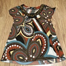 cdw designs blouse top short sleeve boho beaded Festival neck line size Medium M - £9.67 GBP