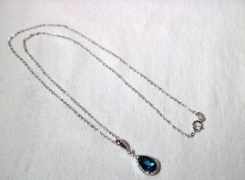 Primary image for 14K White Gold Blue Pear Topaz Diamond Necklace K988