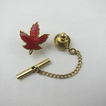 Vintage Maple Leaf Tie Tack Lapel Pin with Chain Tie Bar Red &amp; Gold Tone - £7.96 GBP