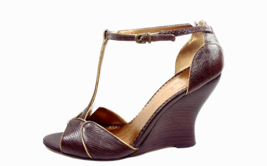 NICOLE MILLER Women Size 7.5 Wedge Heel Brown Leather T-Strap Reptile Pr... - $39.99