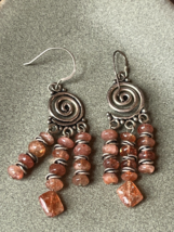 Silvertone Swirl w Peach Glass Bead Dangle Earrings for Pierced Ears – 2 inches - £9.05 GBP