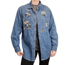 Vintage 90s Blue Denim Handpainted Garden Bee Daisy Button Up Shirt Large - $38.56