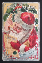 A Merry Christmas Happy Hours Santa w/ Pipe Reading News Embossed Postcard 1908 - £12.05 GBP