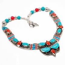 Tibetan Turquoise Red Coral Handmade Fashion Jewelry Necklace Nepali 18&quot; SA 4669 - £13.30 GBP