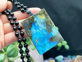 Labradorite Crystal Pendant Square Pendant Beads Necklace D101011 - £44.67 GBP