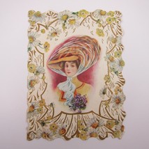 Vintage Valentine Card 1910s Woman Straw Hat Feather Scarf Flower Die cut Bifold - £7.95 GBP