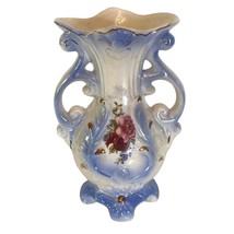 Vintage Lusterware Ceramic Vase Double Handle Blue and Gold w Pink Roses 8.25&quot; - £18.68 GBP