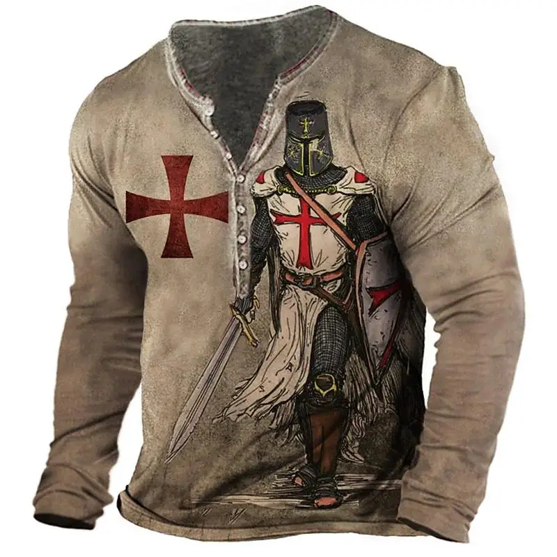 House Home Vintage Men&#39;s Cotton T-Shirts Knights Templar Print 3D T Shir... - £19.98 GBP
